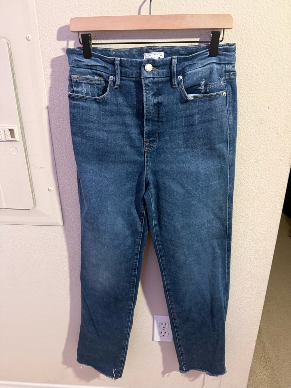 Good American Good Legs Jeans Size 8/29 High Rise Flare Raw Hem Blue Denim